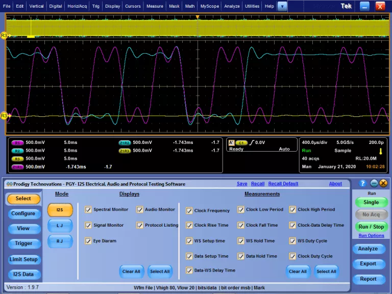 I2S protocol decode software showing waveforms and measurements on a Tektronix oscilloscope - Prodigy Technovations