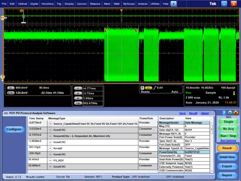 USB PD protocol decode software showing waveform and decode table on Tektronix oscilloscope plugin - Prodigy Technovations