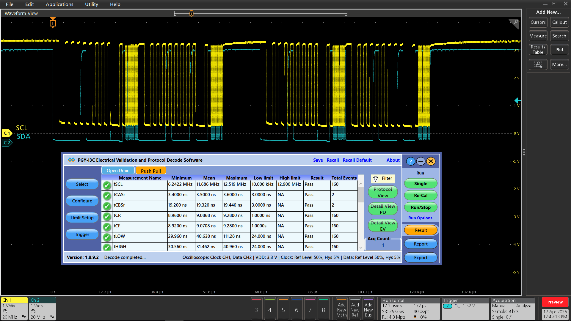 I3C Electrcical Validation and Protocol Decode Oscilloscope Based Software Result View