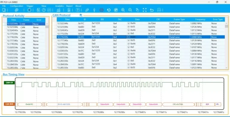CAN protocol decode software showing waveform and packet table – Prodigy Technovations
