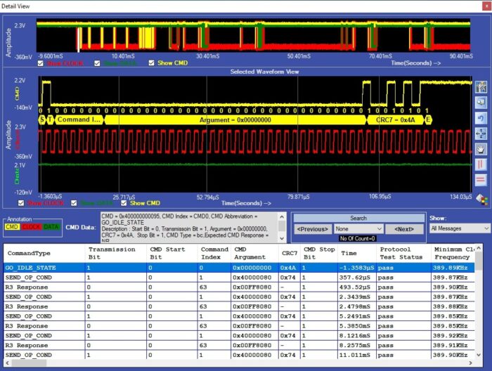 SD/SDIO protocol decode software showing waveform and decode table with timing measurements – Prodigy Technovations