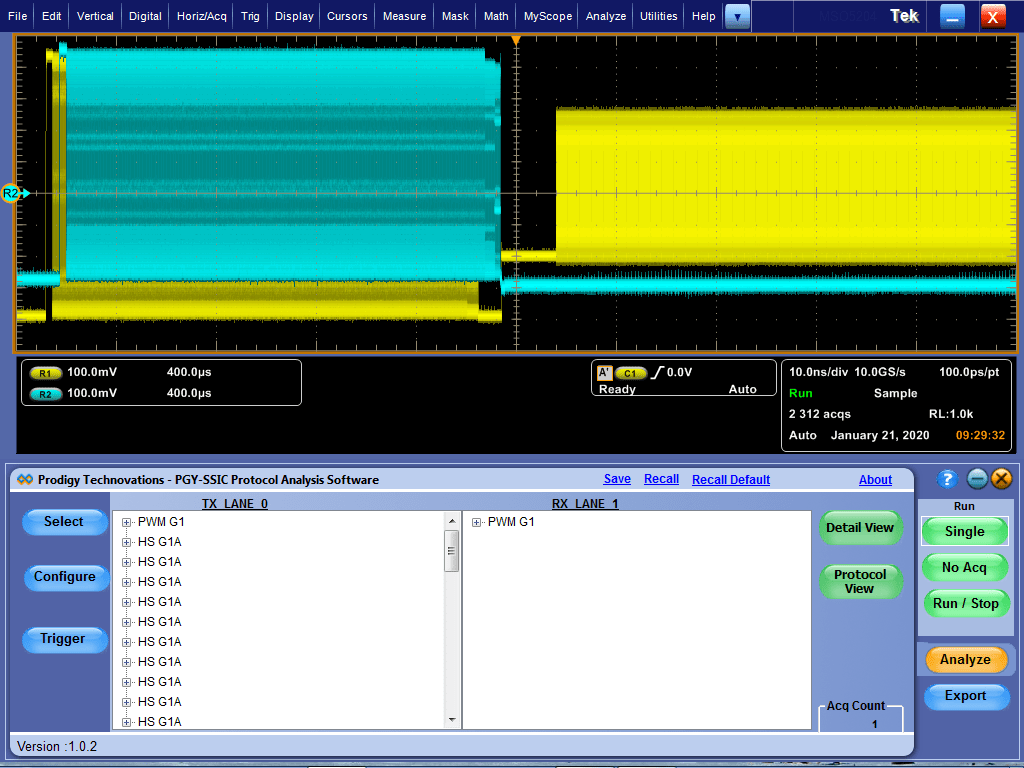 SSIC protocol decode software showing waveform and frame table – Prodigy Technovations