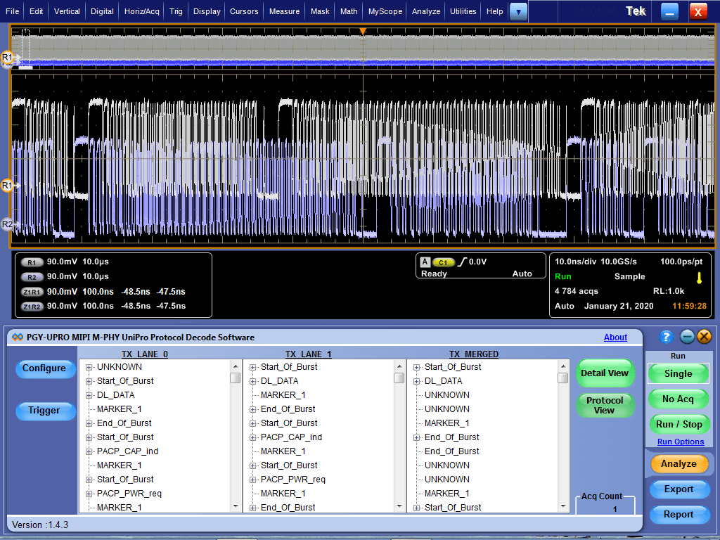 MIPI M-PHY UniPro protocol decode software showing waveform and decode table - Prodigy Technovations