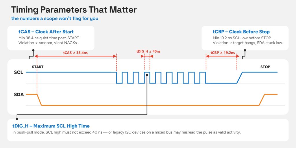 waveform showing the START region with tCAS marked, the STOP region with tCBP marked, and the SCL high pulse with tDIG_H marked